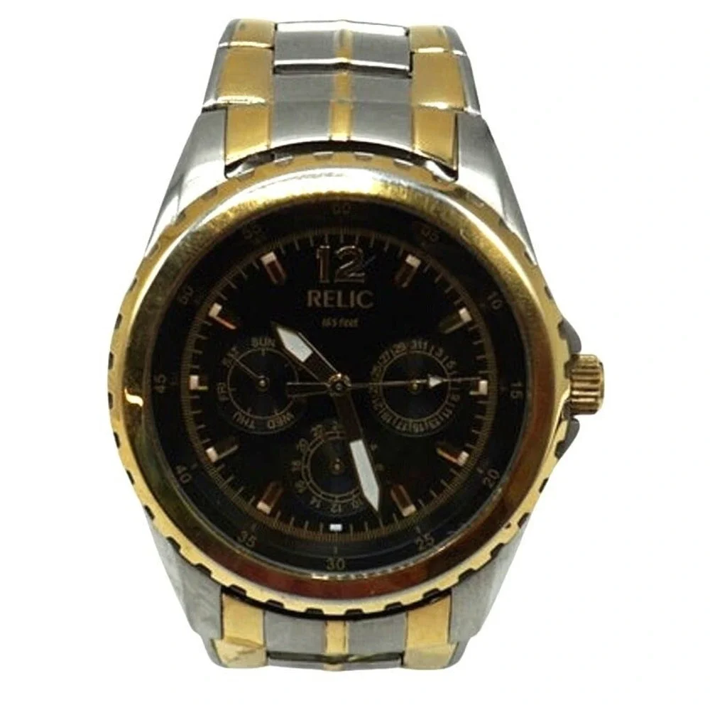 Relic Mens Two Tone Silver Gold Watch Black Dial Multi Function‎ Day Date 43mm